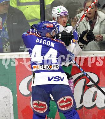 EBEL. Eishockey Bundesliga. EC  VSV gegen HDD TILIA Olimpija Ljubljana. Marvin Degon,  (VSV), Tomi Mustonen (Laibach). Villach, am 30.1.2011.
Foto: Kuess 


---
pressefotos, pressefotografie, kuess, qs, qspictures, sport, bild, bilder, bilddatenbank