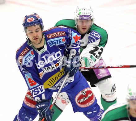 EBEL. Eishockey Bundesliga. EC  VSV gegen HDD TILIA Olimpija Ljubljana. Jonathan Ferland, (VSV), Damjan Dervaric  (Laibach). Villach, am 30.1.2011.
Foto: Kuess 


---
pressefotos, pressefotografie, kuess, qs, qspictures, sport, bild, bilder, bilddatenbank