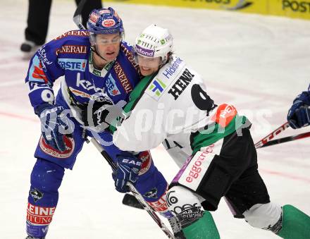 EBEL. Eishockey Bundesliga. EC  VSV gegen HDD TILIA Olimpija Ljubljana. Tomaz Razingar,  (VSV), Burke Henry (Laibach). Villach, am 30.1.2011.
Foto: Kuess 


---
pressefotos, pressefotografie, kuess, qs, qspictures, sport, bild, bilder, bilddatenbank