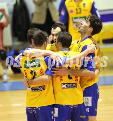 Volleyball. GM Capital Challenge Cup Men 2010/2011.  SK Posojilnica Aich/Dob (AUT)  vs VC Prefaxis MENEN (Bel). Jubel  (Aich/Dob). Prevalje, 1.2.2011.
Foto: Kuess

---
pressefotos, pressefotografie, kuess, qs, qspictures, sport, bild, bilder, bilddatenbank