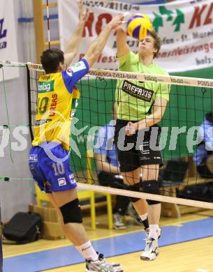 Volleyball. GM Capital Challenge Cup Men 2010/2011.  SK Posojilnica Aich/Dob (AUT)  vs VC Prefaxis MENEN (Bel). Pusnik Nejc (Aich/Dob), Ver Eecke Anshel (MENEN). Prevalje, 1.2.2011.
Foto: Kuess

---
pressefotos, pressefotografie, kuess, qs, qspictures, sport, bild, bilder, bilddatenbank