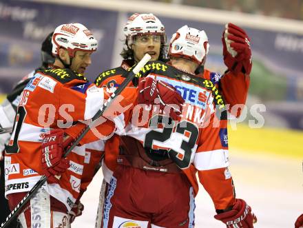 EBEL. Eishockey Bundesliga. KAC gegen VSV. Torjubel Mike Craig, Christoph Brandner, Mike Siklenka (KAC). Klagenfurt, am 4.2.2011.
Foto: Kuess 

---
pressefotos, pressefotografie, kuess, qs, qspictures, sport, bild, bilder, bilddatenbank