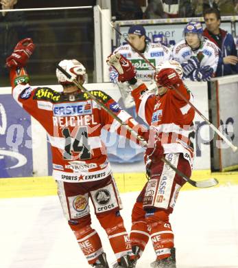 EBEL. Eishockey Bundesliga. KAC gegen VSV. Torjubel Kirk Furey, Johannes Reichel (KAC). Klagenfurt, am 4.2.2011.
Foto: Kuess 

---
pressefotos, pressefotografie, kuess, qs, qspictures, sport, bild, bilder, bilddatenbank