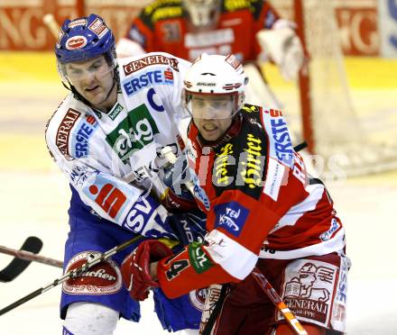 EBEL. Eishockey Bundesliga. KAC gegen VSV. Johannes Reichel, (KAC),  Jonathan Ferland (VSV). Klagenfurt, am 4.2.2011.
Foto: Kuess 

---
pressefotos, pressefotografie, kuess, qs, qspictures, sport, bild, bilder, bilddatenbank