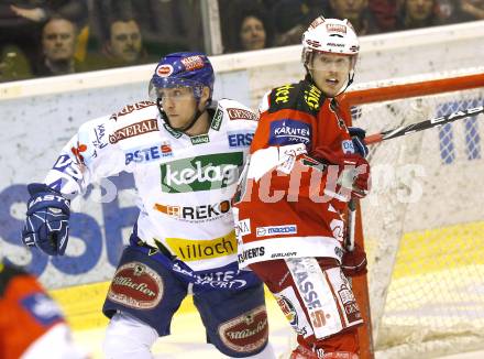 EBEL. Eishockey Bundesliga. KAC gegen VSV. Tyler Scofield, (KAC),  Marvin Degon (VSV). Klagenfurt, am 4.2.2011.
Foto: Kuess 

---
pressefotos, pressefotografie, kuess, qs, qspictures, sport, bild, bilder, bilddatenbank