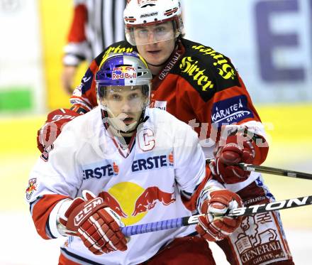 EBEL. Eishockey Bundesliga. KAC gegen EC Red Bull Salzburg. David Schuller, (KAC), Thomas Koch (Salzburg). Klagenfurt, am 6.2.2011.
Foto: Kuess 

---
pressefotos, pressefotografie, kuess, qs, qspictures, sport, bild, bilder, bilddatenbank