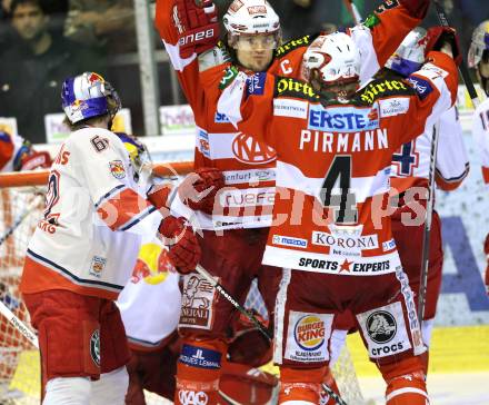 EBEL. Eishockey Bundesliga. KAC gegen EC Red Bull Salzburg. Torjubel Chrhistoph Brandner, Markus Pirmann (KAC). Klagenfurt, am 6.2.2011.
Foto: Kuess 

---
pressefotos, pressefotografie, kuess, qs, qspictures, sport, bild, bilder, bilddatenbank