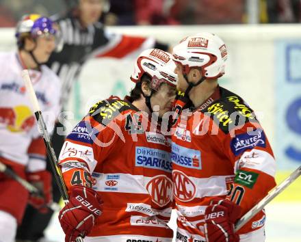 EBEL. Eishockey Bundesliga. KAC gegen EC Red Bull Salzburg. Torjubel David Schuller, Mike Craig (KAC). Klagenfurt, am 6.2.2011.
Foto: Kuess 

---
pressefotos, pressefotografie, kuess, qs, qspictures, sport, bild, bilder, bilddatenbank