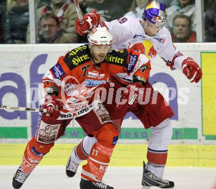 EBEL. Eishockey Bundesliga. KAC gegen EC Red Bull Salzburg. Sean Brown, (KAC), Ramzi Abid (Salzburg). Klagenfurt, am 6.2.2011.
Foto: Kuess 

---
pressefotos, pressefotografie, kuess, qs, qspictures, sport, bild, bilder, bilddatenbank