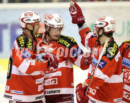 EBEL. Eishockey Bundesliga. KAC gegen EC Red Bull Salzburg. Torjubel David Schuller, Mike Craig, Kirk Furey (KAC). Klagenfurt, am 6.2.2011.
Foto: Kuess 

---
pressefotos, pressefotografie, kuess, qs, qspictures, sport, bild, bilder, bilddatenbank