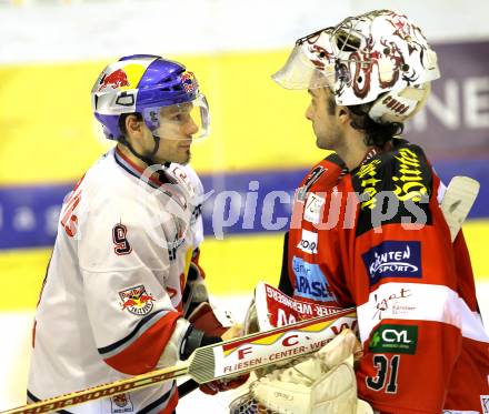 EBEL. Eishockey Bundesliga. KAC gegen EC Red Bull Salzburg. Andy Chiodo, (KAC), Thomas Koch (Salzburg). Klagenfurt, am 6.2.2011.
Foto: Kuess 

---
pressefotos, pressefotografie, kuess, qs, qspictures, sport, bild, bilder, bilddatenbank