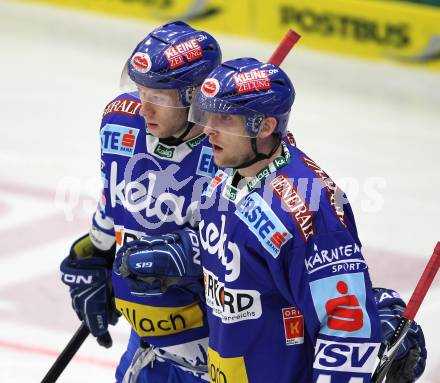 EBEL. Eishockey Bundesliga. EC Rekordfenster VSV gegen KHL Medvescak Zagreb.  Torjubel Matt Ryan, Marvin Degon (VSV),  (Zagreb). Villach, am 8.2.2011.
Foto: Kuess

---
pressefotos, pressefotografie, kuess, qs, qspictures, sport, bild, bilder, bilddatenbank