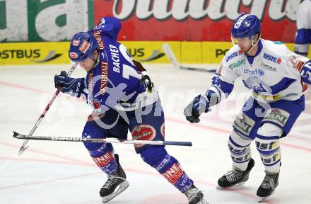 EBEL. Eishockey Bundesliga. EC Rekordfenster VSV gegen KHL Medvescak Zagreb.  Stefan Bacher (VSV),  Christopher Powers (Zagreb). Villach, am 8.2.2011.
Foto: Kuess

---
pressefotos, pressefotografie, kuess, qs, qspictures, sport, bild, bilder, bilddatenbank