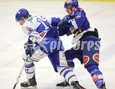 EBEL. Eishockey Bundesliga. EC Rekordfenster VSV gegen KHL Medvescak Zagreb.  Stefan Bacher (VSV), Jonathan Filewich (Zagreb). Villach, am 8.2.2011.
Foto: Kuess

---
pressefotos, pressefotografie, kuess, qs, qspictures, sport, bild, bilder, bilddatenbank