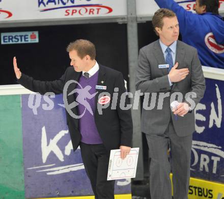 EBEL. Eishockey Bundesliga. EC Rekordfenster VSV gegen KHL Medvescak Zagreb. Trainer Johan Stroemwall, Co-Trainer Mike Stewart (VSV),  (Zagreb). Villach, am 8.2.2011.
Foto: Kuess

---
pressefotos, pressefotografie, kuess, qs, qspictures, sport, bild, bilder, bilddatenbank