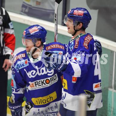 EBEL. Eishockey Bundesliga. EC Rekordfenster VSV gegen KHL Medvescak Zagreb. Torjubel Mario Altmann, Roland Kaspitz (VSV),  (Zagreb). Villach, am 8.2.2011.
Foto: Kuess

---
pressefotos, pressefotografie, kuess, qs, qspictures, sport, bild, bilder, bilddatenbank