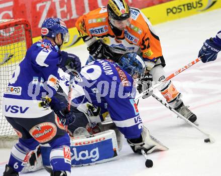 EBEL. Eishockey Bundesliga. EC  VSV gegen Graz 99ers . Gerhard Unterluggauer, Bernhard Starkbaum, (VSV),  Jean Philippe Pare  (Graz). Villach, am 11.2.2011.
Foto: Kuess 


---
pressefotos, pressefotografie, kuess, qs, qspictures, sport, bild, bilder, bilddatenbank