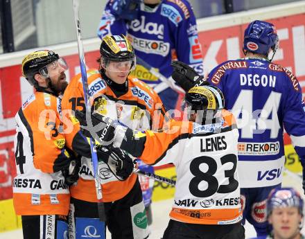 EBEL. Eishockey Bundesliga. EC  VSV gegen Graz 99ers .  Torjubel Markus Peintner, Matthias Iberer, Peter Lenes (Graz). Villach, am 11.2.2011.
Foto: Kuess 


---
pressefotos, pressefotografie, kuess, qs, qspictures, sport, bild, bilder, bilddatenbank