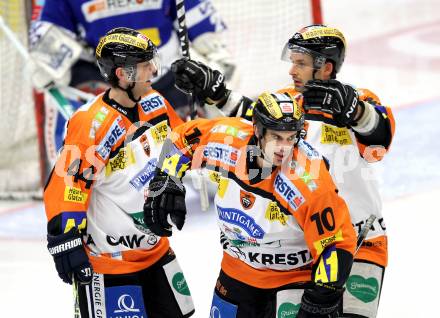 EBEL. Eishockey Bundesliga. EC  VSV gegen Graz 99ers .  Torjubel Quinn Hancock, Warren Norris, Jean Philippe Pare (Graz). Villach, am 11.2.2011.
Foto: Kuess 


---
pressefotos, pressefotografie, kuess, qs, qspictures, sport, bild, bilder, bilddatenbank