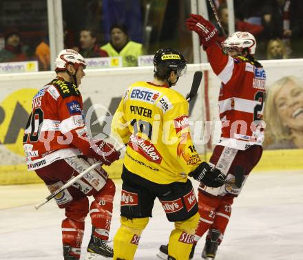 EBEL. Eishockey Bundesliga. KAC gegen EV Vienna Capitals. Torjubel Mike Craig, Thomas Hundertpfund (KAC). Klagenfurt, am 13.2.2011.
Foto: Kuess 

---
pressefotos, pressefotografie, kuess, qs, qspictures, sport, bild, bilder, bilddatenbank