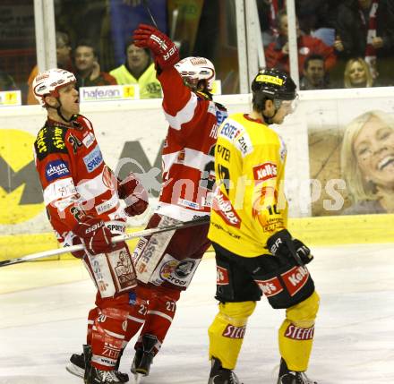 EBEL. Eishockey Bundesliga. KAC gegen EV Vienna Capitals. Torjubel Mike Craig, Thomas Hundertpfund (KAC). Klagenfurt, am 13.2.2011.
Foto: Kuess 

---
pressefotos, pressefotografie, kuess, qs, qspictures, sport, bild, bilder, bilddatenbank