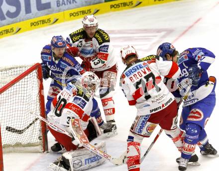 EBEL. Eishockey Bundesliga. EC  VSV gegen KAC.  Roland Kaspitz, Jonathan Ferland, (VSV), Johannes Kirisits, Rene Swette, Sean Brown (KAC). Villach, am 18.2.2011.
Foto: Kuess 


---
pressefotos, pressefotografie, kuess, qs, qspictures, sport, bild, bilder, bilddatenbank