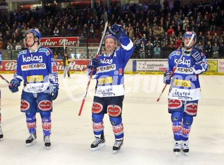 EBEL. Eishockey Bundesliga. EC  VSV gegen KAC. Jubel Stefan Bacher, Gerhard Unterluggauer, Andreas Kristler (VSV). Villach, am 18.2.2011.
Foto: Kuess 


---
pressefotos, pressefotografie, kuess, qs, qspictures, sport, bild, bilder, bilddatenbank