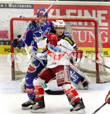 EBEL. Eishockey Bundesliga. EC  VSV gegen KAC.  Stefan Bacher, , (VSV), Raphael Herburger (KAC). Villach, am 18.2.2011.
Foto: Kuess 


---
pressefotos, pressefotografie, kuess, qs, qspictures, sport, bild, bilder, bilddatenbank