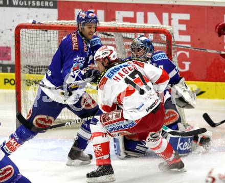 EBEL. Eishockey Bundesliga. EC  VSV gegen KAC. Michael Martin, Bernhard Starkbaum,  (VSV), Gregor Hager (KAC). Villach, am 18.2.2011.
Foto: Kuess 


---
pressefotos, pressefotografie, kuess, qs, qspictures, sport, bild, bilder, bilddatenbank