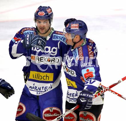 EBEL. Eishockey Bundesliga. EC  VSV gegen KAC.  Torjubel Jonathan Ferland, Gerhard Unterluggauer. Villach, am 18.2.2011.
Foto: Kuess 


---
pressefotos, pressefotografie, kuess, qs, qspictures, sport, bild, bilder, bilddatenbank