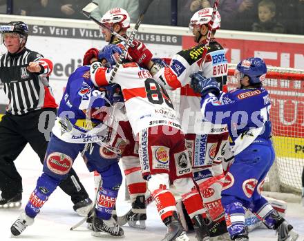 EBEL. Eishockey Bundesliga. EC  VSV gegen KAC. Andreas Kristler, Nico Toff,  (VSV), Raphael Herburger, Sean Brown, Johannes Kirisits (KAC). Villach, am 18.2.2011.
Foto: Kuess 


---
pressefotos, pressefotografie, kuess, qs, qspictures, sport, bild, bilder, bilddatenbank