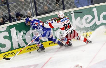 EBEL. Eishockey Bundesliga. EC  VSV gegen KAC.  Joshua Langfeld,  (VSV), Mike Siklenka (KAC). Villach, am 18.2.2011.
Foto: Kuess 


---
pressefotos, pressefotografie, kuess, qs, qspictures, sport, bild, bilder, bilddatenbank