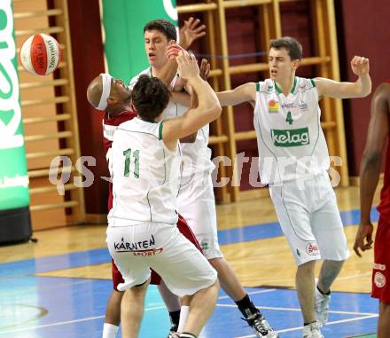 Basketball Bundesliga.  Woerthersee Piraten gegen BC Vienna .  Erik Rhinehart, Andreas Kuttnig, Martin Breithuber, (Piraten), Marcus Carr  (Vienna). Klagenfurt, 19.2.2011
Foto:  Kuess

---
pressefotos, pressefotografie, kuess, qs, qspictures, sport, bild, bilder, bilddatenbank