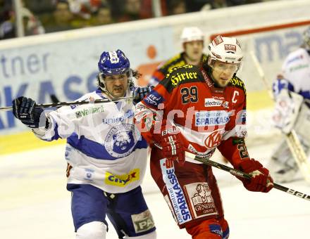 EBEL. Eishockey Bundesliga. KAC gegen KHL Medvescak Zagreb. BRANDNER Christoph (KAC), BANHAM Frank (Zagreb). Klagenfurt, am 27.2.2011.
Foto: Kuess 

---
pressefotos, pressefotografie, kuess, qs, qspictures, sport, bild, bilder, bilddatenbank