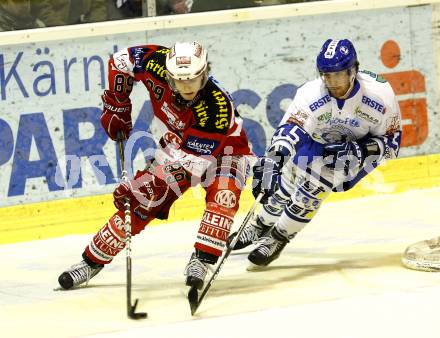 EBEL. Eishockey Bundesliga. KAC gegen KHL Medvescak Zagreb. HERBURGER Raphael (KAC),  POWERS Christopher (Zagreb). Klagenfurt, am 27.2.2011.
Foto: Kuess 

---
pressefotos, pressefotografie, kuess, qs, qspictures, sport, bild, bilder, bilddatenbank