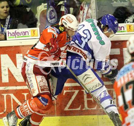 EBEL. Eishockey Bundesliga. KAC gegen KHL Medvescak Zagreb. REICHEL Johannes (KAC), FILEWICH Jonathan (Zagreb). Klagenfurt, am 27.2.2011.
Foto: Kuess 

---
pressefotos, pressefotografie, kuess, qs, qspictures, sport, bild, bilder, bilddatenbank