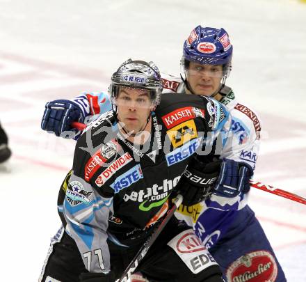 EBEL. Eishockey Bundesliga. EC  VSV gegen EHC LIWEST Linz. Stefan Bacher (VSV), LEAHY Patrick (Linz). Villach, am 27.2.2011.
Foto: Kuess 


---
pressefotos, pressefotografie, kuess, qs, qspictures, sport, bild, bilder, bilddatenbank