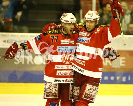 EBEL. Eishockey Bundesliga. EC KAC gegen KHL Medvescak Zagreb. Torjubel Sean Brown, Christoph Brandner (KAC). Klagenfurt, am 3.3.2011.
Foto: Kuess 

---
pressefotos, pressefotografie, kuess, qs, qspictures, sport, bild, bilder, bilddatenbank