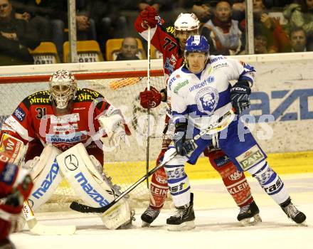 EBEL. Eishockey Bundesliga. EC KAC gegen KHL Medvescak Zagreb. Andy Chiodo, Sean Brown, (KAC), FILEWICH Jonathan (Zagreb). Klagenfurt, am 3.3.2011.
Foto: Kuess 

---
pressefotos, pressefotografie, kuess, qs, qspictures, sport, bild, bilder, bilddatenbank