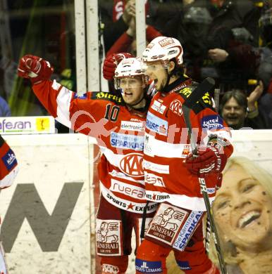 EBEL. Eishockey Bundesliga. EC KAC gegen KHL Medvescak Zagreb. Torjubel Tyler Scofield, Christoph Brandner (KAC). Klagenfurt, am 3.3.2011.
Foto: Kuess 

---
pressefotos, pressefotografie, kuess, qs, qspictures, sport, bild, bilder, bilddatenbank