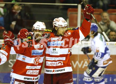 EBEL. Eishockey Bundesliga. EC KAC gegen KHL Medvescak Zagreb. Torjubel Sean Brown, Christoph Brandner (KAC). Klagenfurt, am 3.3.2011.
Foto: Kuess 

---
pressefotos, pressefotografie, kuess, qs, qspictures, sport, bild, bilder, bilddatenbank