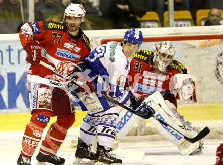 EBEL. Eishockey Bundesliga. EC KAC gegen KHL Medvescak Zagreb. Sean Brown, Andy Chiodo (KAC), FILEWICH Jonathan (Zagreb). Klagenfurt, am 3.3.2011.
Foto: Kuess 

---
pressefotos, pressefotografie, kuess, qs, qspictures, sport, bild, bilder, bilddatenbank