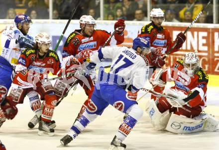 EBEL. Eishockey Bundesliga. KAC gegen VSV. Raphael Herburger, Mike Siklenka, Johannes Reichel, Andy Chiodo, (KAC),  Joshua Langfeld (VSV). Klagenfurt, am 15.3.2011.
Foto: Kuess 

---
pressefotos, pressefotografie, kuess, qs, qspictures, sport, bild, bilder, bilddatenbank