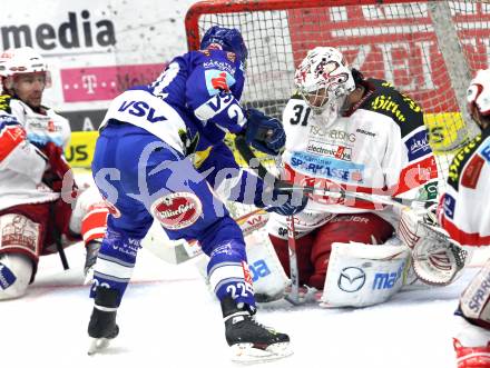 EBEL. Eishockey Bundesliga. EC  VSV gegen KAC. Greg Kuznik,  (VSV), Andy Chiodo (KAC). Villach, am 17.3.2011.
Foto: Kuess 


---
pressefotos, pressefotografie, kuess, qs, qspictures, sport, bild, bilder, bilddatenbank