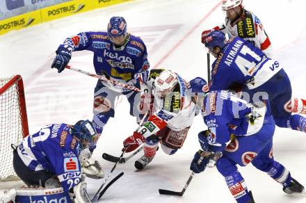 EBEL. Eishockey Bundesliga. EC  VSV gegen KAC. Bernhard Starkbaum, Stefan Bacher, Joshua Langfeld, Mario Altmann,  (VSV), Tyler Spurgeon (KAC). Villach, am 17.3.2011.
Foto: Kuess 


---
pressefotos, pressefotografie, kuess, qs, qspictures, sport, bild, bilder, bilddatenbank