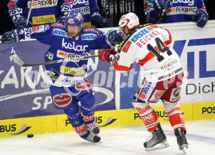 EBEL. Eishockey Bundesliga. EC  VSV gegen KAC.  Roland Kaspitz, (VSV), Johannes Reichel (KAC). Villach, am 17.3.2011.
Foto: Kuess 


---
pressefotos, pressefotografie, kuess, qs, qspictures, sport, bild, bilder, bilddatenbank