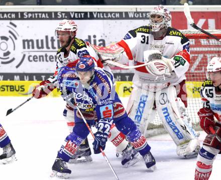 EBEL. Eishockey Bundesliga. EC  VSV gegen KAC. Greg Kuznik,  (VSV), Johannes Kirisits, Andy Chiodo (KAC). Villach, am 17.3.2011.
Foto: Kuess 


---
pressefotos, pressefotografie, kuess, qs, qspictures, sport, bild, bilder, bilddatenbank