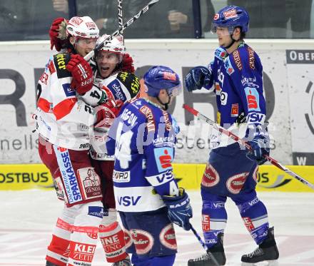 EBEL. Eishockey Bundesliga. EC  VSV gegen KAC.  Torjubel Christoph Brandner, Dieter Kalt (KAC). Villach, am 17.3.2011.
Foto: Kuess 


---
pressefotos, pressefotografie, kuess, qs, qspictures, sport, bild, bilder, bilddatenbank