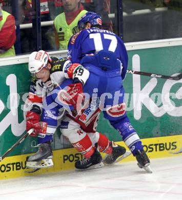 EBEL. Eishockey Bundesliga. EC  VSV gegen KAC. Joshua Langfeld,  (VSV), Stephan Geier (KAC). Villach, am 17.3.2011.
Foto: Kuess 


---
pressefotos, pressefotografie, kuess, qs, qspictures, sport, bild, bilder, bilddatenbank