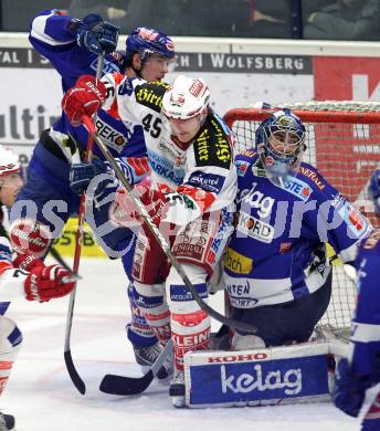 EBEL. Eishockey Bundesliga. EC  VSV gegen KAC. Mario Altmann, Bernhard Starkbaum,  (VSV), David Schuller (KAC). Villach, am 17.3.2011.
Foto: Kuess 


---
pressefotos, pressefotografie, kuess, qs, qspictures, sport, bild, bilder, bilddatenbank